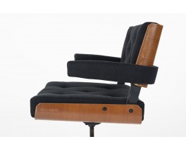 Alain Richard office armchairs in walnut and black linen 1970