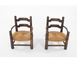 Charles Dudouyt armchairs in oak and straw 1930 set of 2