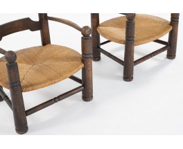 Charles Dudouyt armchairs in oak and straw 1930 set of 2