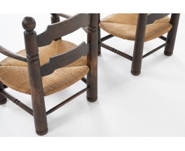 Fauteuils Charles Dudouyt en chêne et paille 1930 set de 2