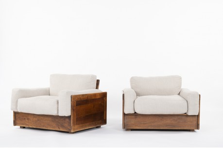 Fauteuils en bois exotique et coussins lin 1950 set de 2