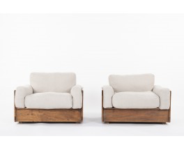 Fauteuils en bois exotique et coussins lin 1950 set de 2