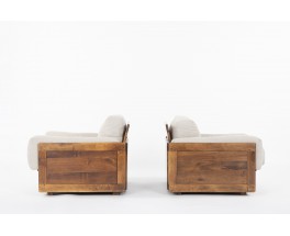 Fauteuils en bois exotique et coussins lin 1950 set de 2