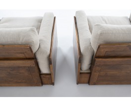 Armchairs in exotic wood and linen cushions 1950 set of 2