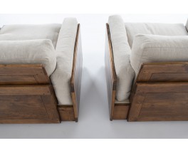 Fauteuils en bois exotique et coussins lin 1950 set de 2