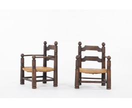 Fauteuils Charles Dudouyt en chêne et paille 1930 set de 2