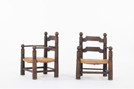 Fauteuils Charles Dudouyt en chêne et paille 1930 set de 2