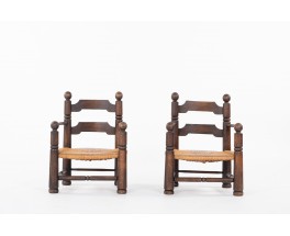 Charles Dudouyt armchairs in oak and straw 1930 set of 2