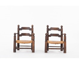 Fauteuils Charles Dudouyt en chêne et paille 1930 set de 2