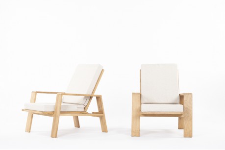 Armchairs in oak with beige cushions 1950 set of 2