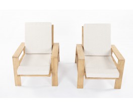 Armchairs in oak with beige cushions 1950 set of 2