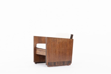 Fauteuil en palissandre et coussin tissu bouclette beige design Art Déco 1930