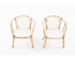 Rattan armchairs and beige loop fabric cushions 1950 set of 2