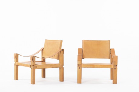 Pierre Chapo armchairs model S10 in elm and brown leather 1960 set of 2