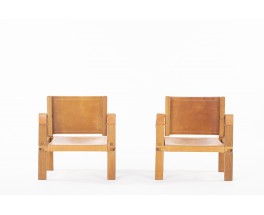 Pierre Chapo armchairs model S10 in elm and brown leather 1960 set of 2