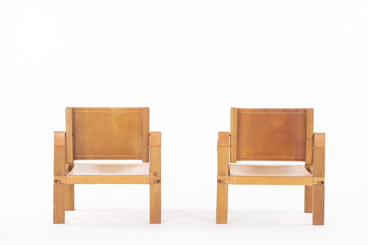 Pierre Chapo armchairs model S10 in elm and brown leather 1960 set of 2