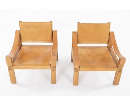 Pierre Chapo armchairs model S10 in elm and brown leather 1960 set of 2