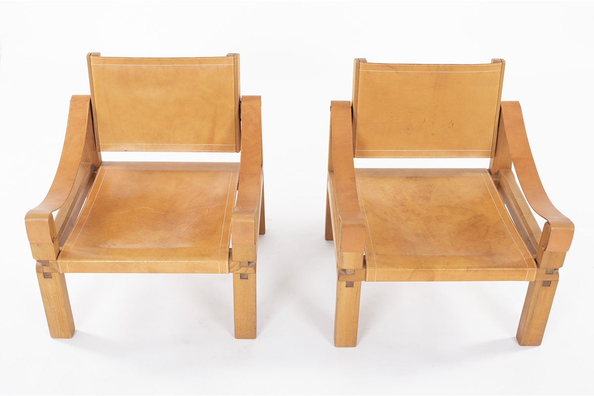 Pierre Chapo armchairs model S10 in elm and brown leather 1960 set of 2