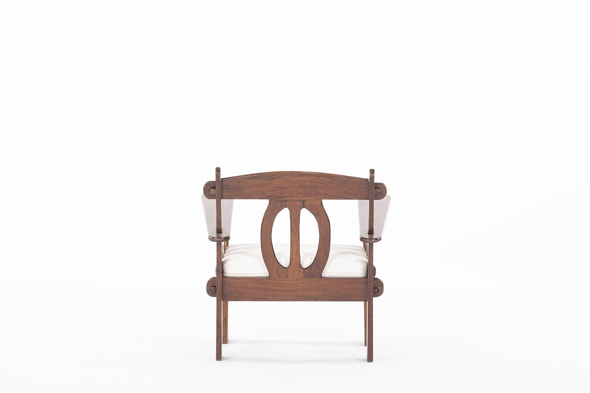 Armchair in mahogany with beige Maison Thevenon fabric 1950