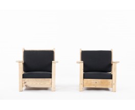 Fauteuils en sapin et lin noir 1950 set de 2