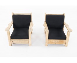 Fauteuils en sapin et lin noir 1950 set de 2