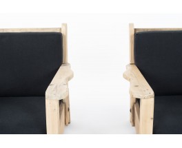 Armchairs in pine and black linen fabric 1950 set of 2