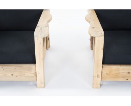 Fauteuils en sapin et lin noir 1950 set de 2