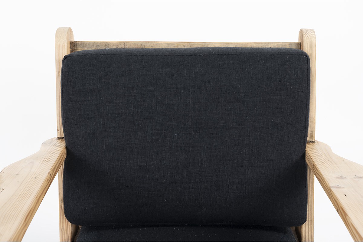 Armchairs in pine and black linen fabric 1950 set of 2