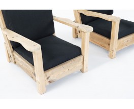 Fauteuils en sapin et lin noir 1950 set de 2