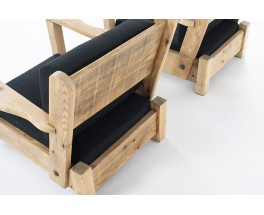 Fauteuils en sapin et lin noir 1950 set de 2