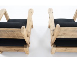 Fauteuils en sapin et lin noir 1950 set de 2