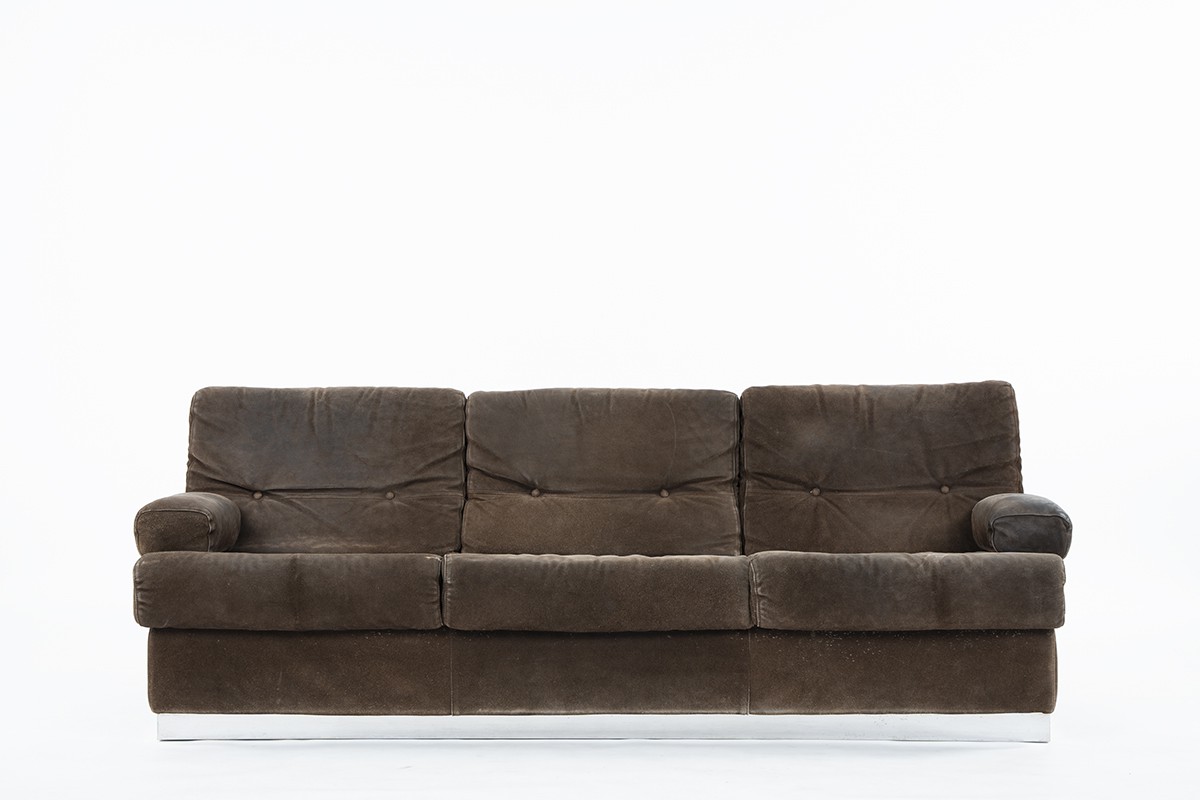 Jacques Charpentier sofa in brown suede 1970