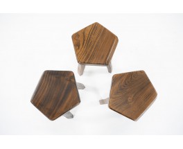 Tabourets en orme design brutaliste 1950 set de 3