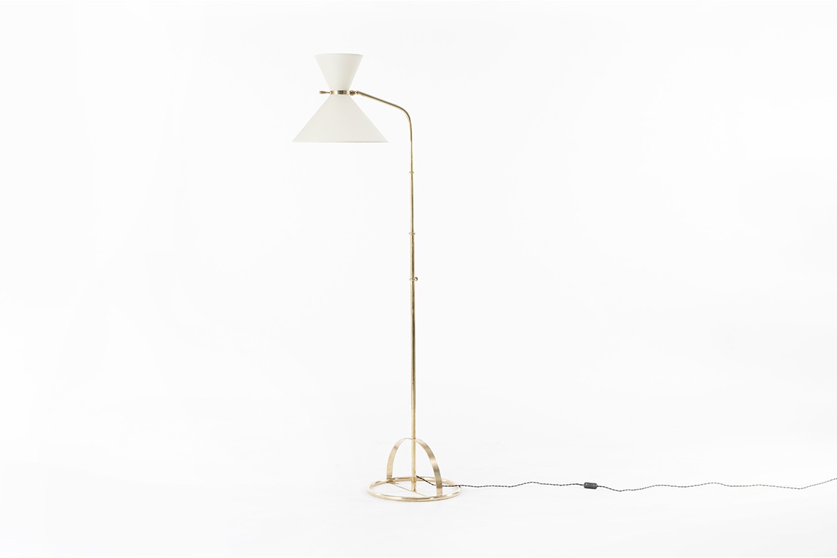 Floor lamp in solid brass and beige paper lampshade 1950