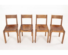 Pierre Chapo chairs model S24 in elm and brown leather 1980 set of 4