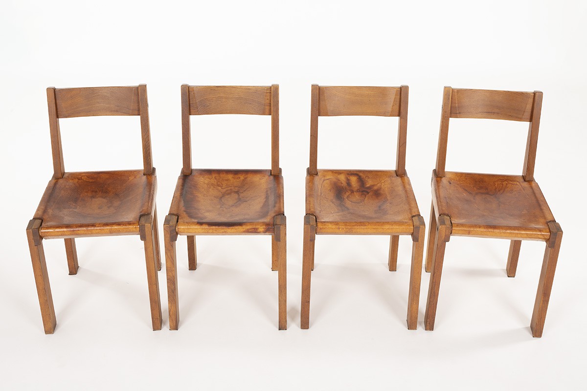 Pierre Chapo chairs model S24 in elm and brown leather 1980 set of 4