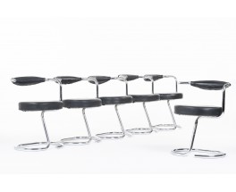 Chaises Giotto Stoppino modèle Cobra cuir noir et chrome 1970 set de 6