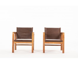 Djo Bourgeois armchairs in oak and brown leather 1930 set of 2