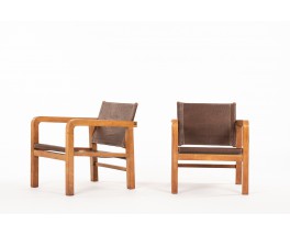 Djo Bourgeois armchairs in oak and brown leather 1930 set of 2