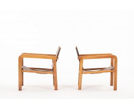 Djo Bourgeois armchairs in oak and brown leather 1930 set of 2