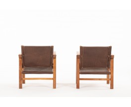 Djo Bourgeois armchairs in oak and brown leather 1930 set of 2