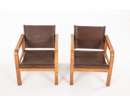 Djo Bourgeois armchairs in oak and brown leather 1930 set of 2