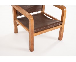 Djo Bourgeois armchairs in oak and brown leather 1930 set of 2