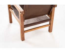 Djo Bourgeois armchairs in oak and brown leather 1930 set of 2