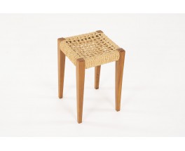 Tabouret Audoux Minet en chêne et corde 1950