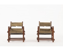 Fauteuils en acajou et cuir tendu kaki montage clavette 1950 set de 2