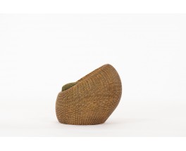 Armchair model Ball in rattan and green wool cushion 1960