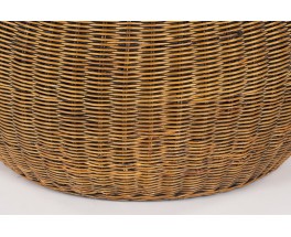 Fauteuil modèle boule en rotin et coussin laine verte 1960
