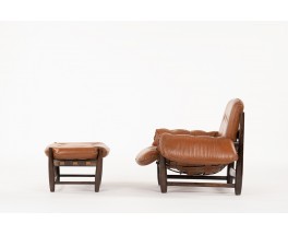 Fauteuil et repose-pieds Sergio Rodrigues modèle Mole en jacaranda et cuir marron 1957