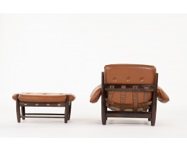 Fauteuil et repose-pieds Sergio Rodrigues modèle Mole en jacaranda et cuir marron 1957